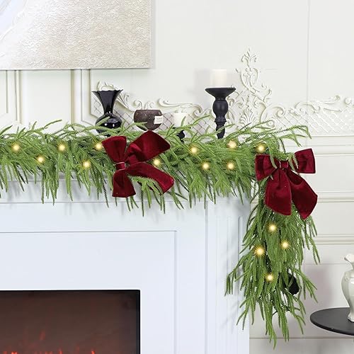 Guirnalda de Navidad de 9 pies con luces, guirnalda de pino Norfolk iluminada para manto, guirnalda de invierno de Navidad verde artificial