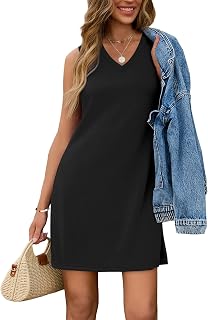 SAMPEEL Women's V-Neck Summer Sundress, Lightweight Casual Knee-Length Dress with 4-Way Stretch
