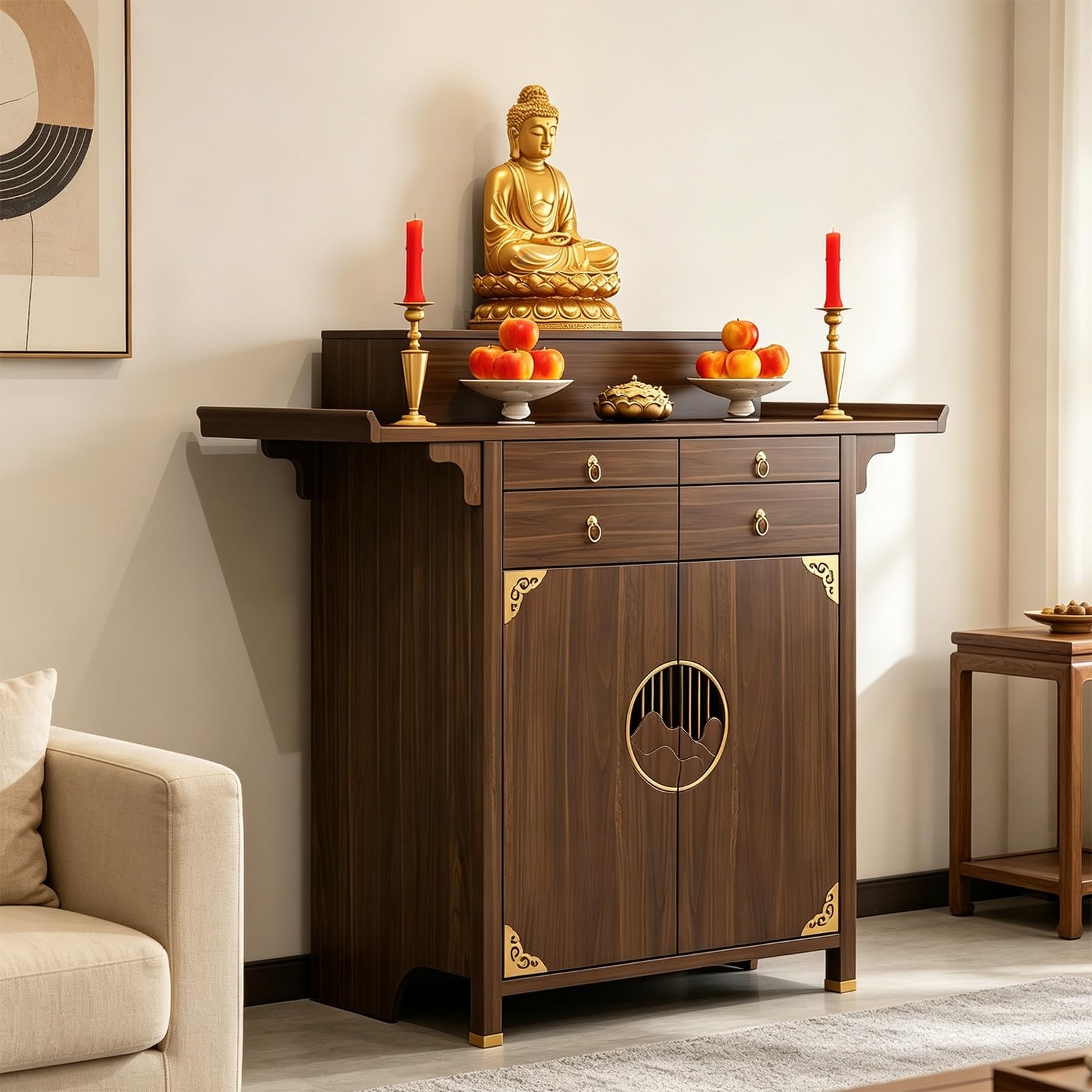 Massiver Holz-Altartisch mit Aufbewahrung, Meditationstisch und Pooja-Schrank für den Heimgebrauch, langlebiges Design, ideal für spirituelle Praktiken, 128 cm / 50.4in