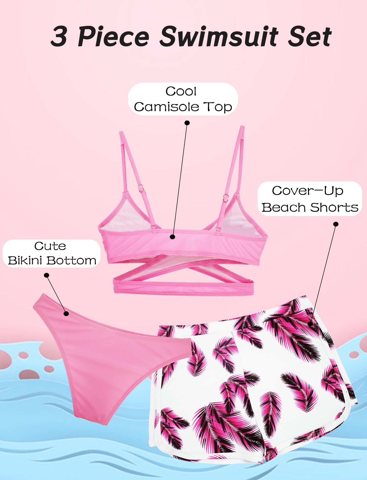 AIEOE Niñas 3 Piezas Bikini Traje de Baño de Estampado Tropical con Cover Up Shorts 8-14 Años