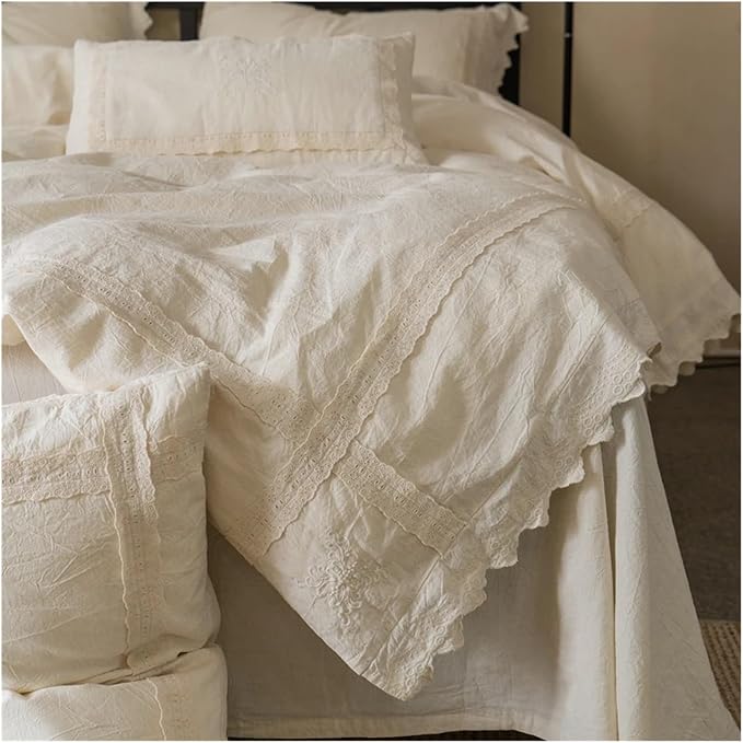 Bed, Cotton and Linen Natural Health Bedding Set Plain Color French Style V-intage Duvet Cover Set Flat/Fitted Bed Sheet Pillowcases