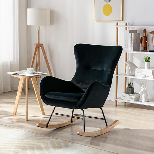 Mecedora con respaldo alto y reposabrazos, mecedora tapizada para bebé, sala de estar, dormitorio (negro)