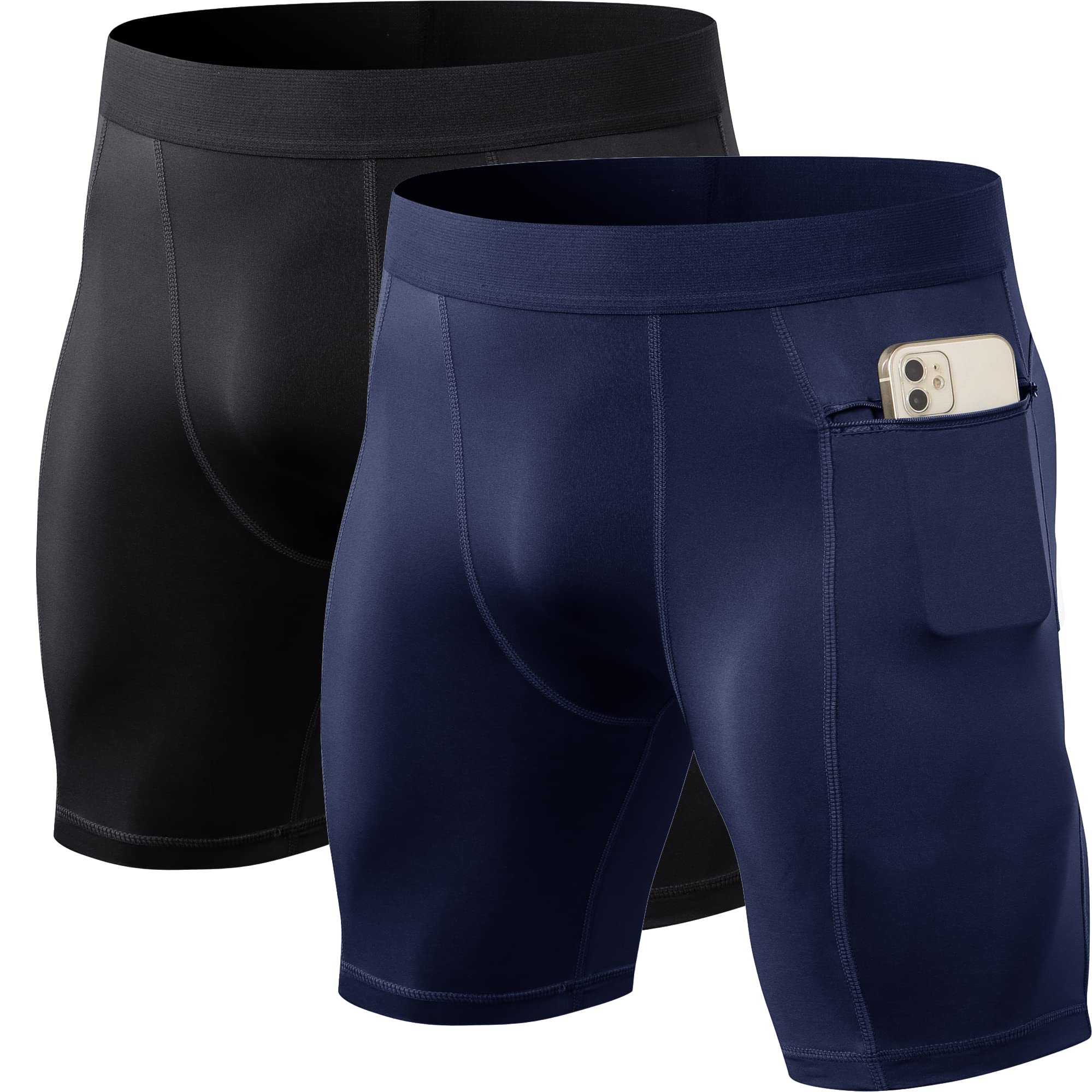 Paquete de 2 pantalones cortos de compresión para hombre con cremallera bolsillo para teléfono, correr, entrenamiento, ropa interior atlética