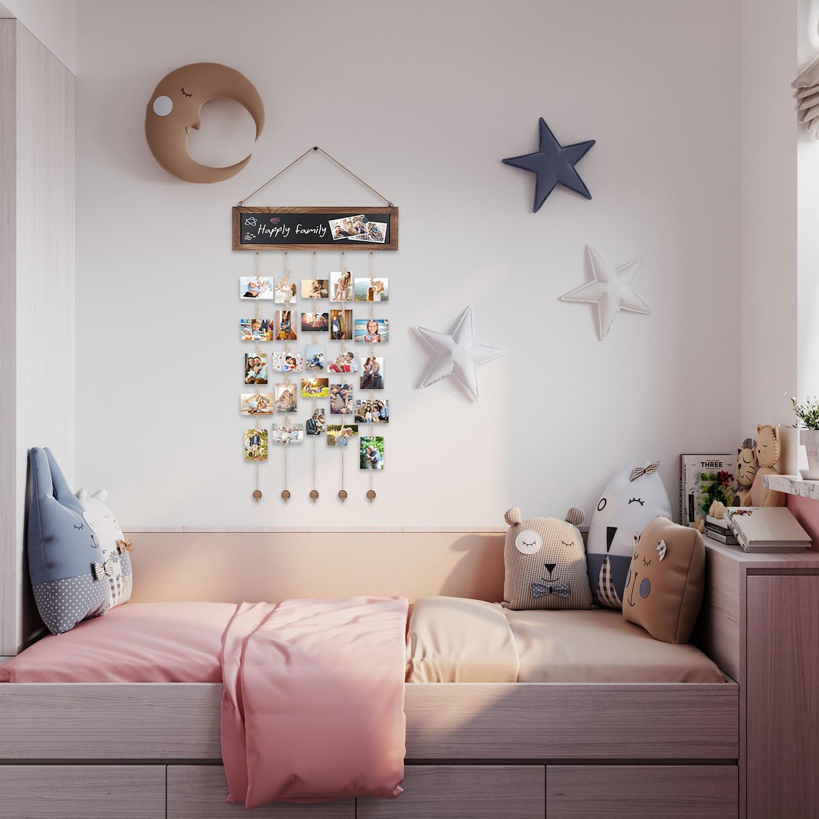 Porte Photo Mural avec 30 Clips en Bois, Tableau d'affichage Photo pour Décoration Maison