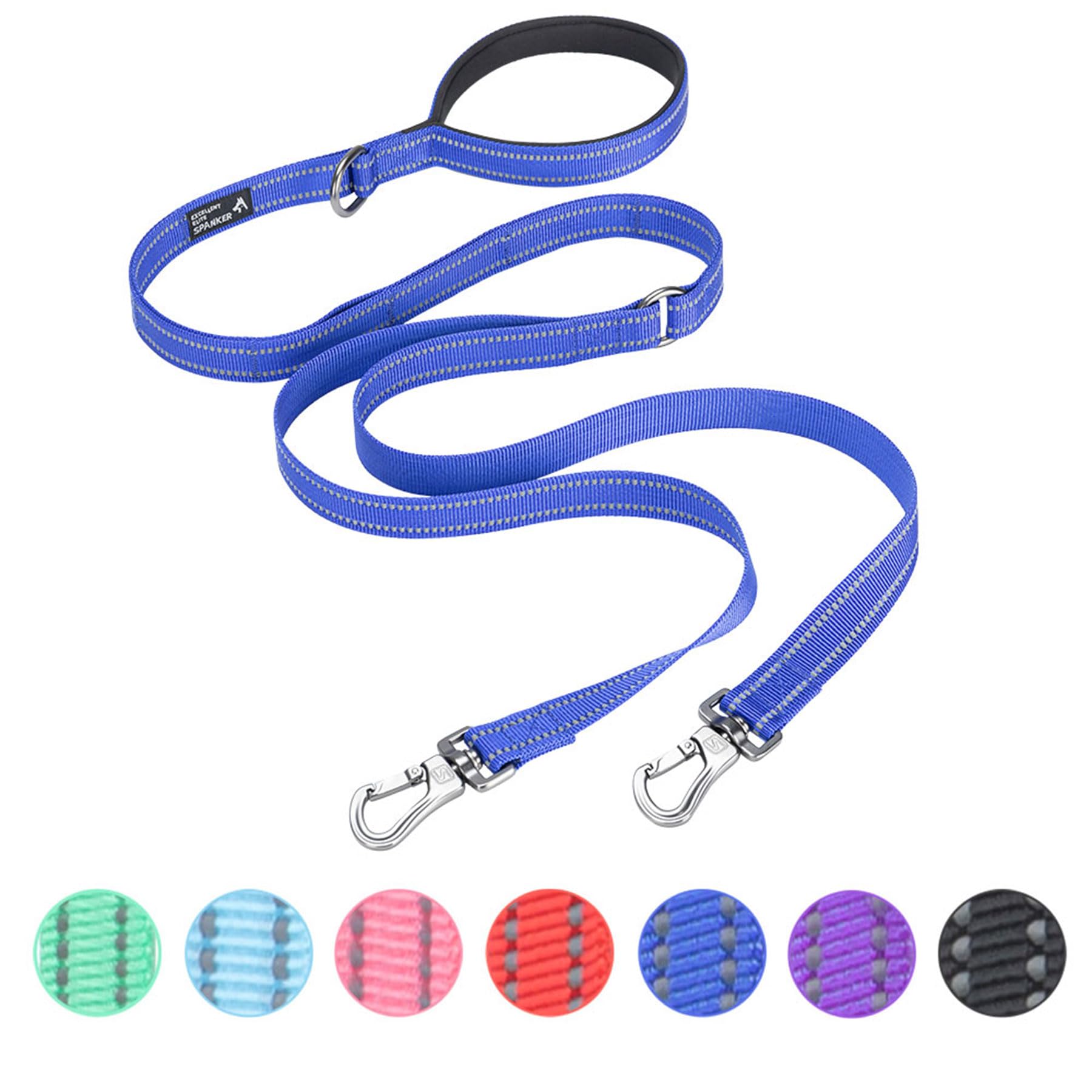 EXCELLENT ELITE SPANKER Reflective Dual Leash - 5FT Multiple Dog Leash with Padded Handle for Two Dogs Walking & Training (Blue)