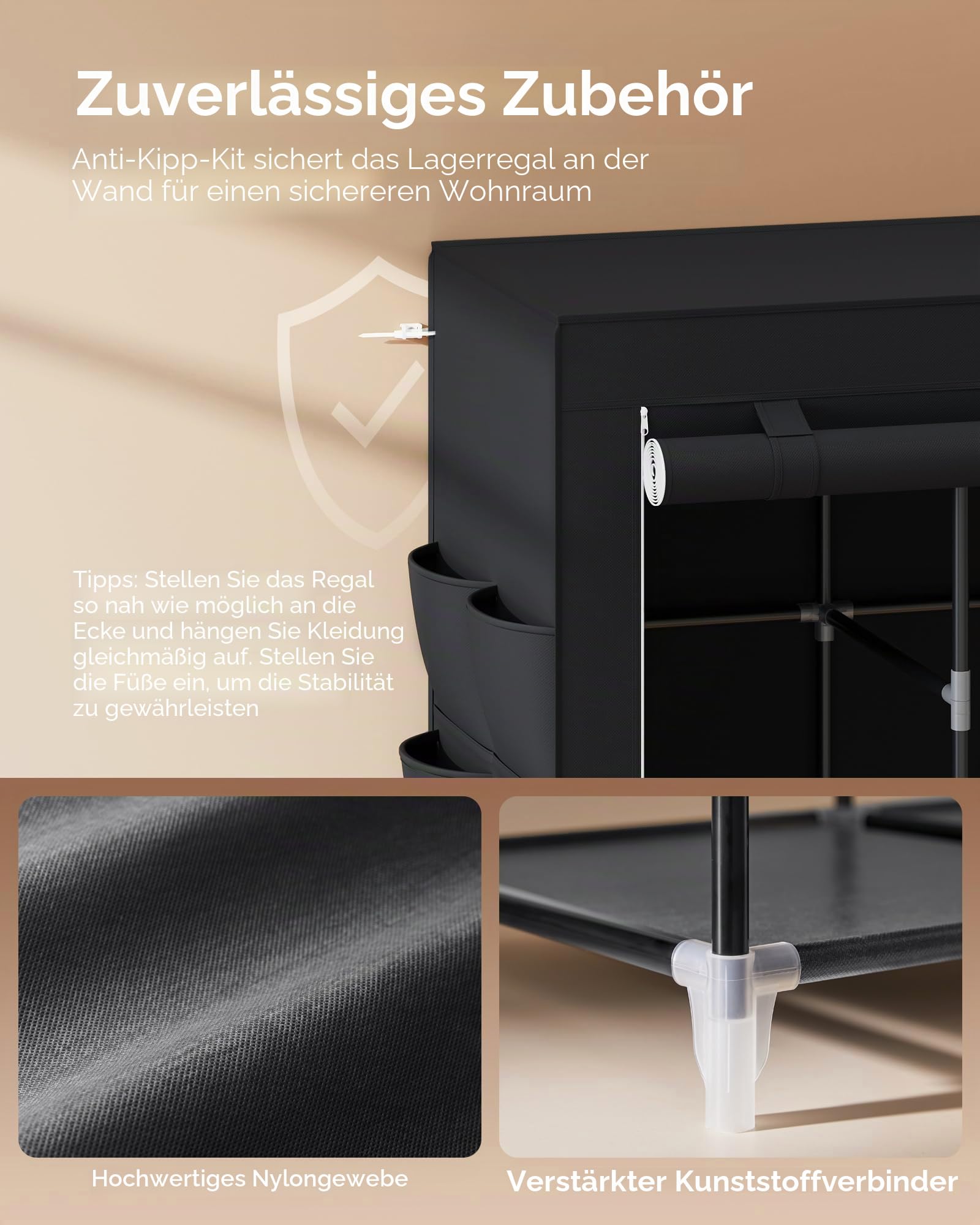SONGMICS Tragbarer Schrank, Kleiderschrank-Organizer mit Abdeckung, 4 Kleiderstangen und Regalen, 4 Seitentaschen, 45 x 170 x 165 cm, große Kapazität für Schlafzimmer, Wohnzimmer, Schwarz URYG094B02
