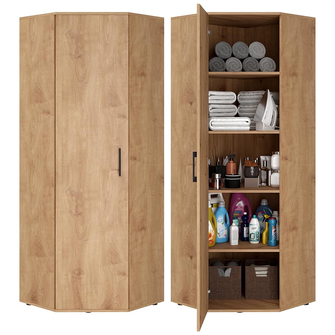 Bellamio Apol Eckschrank Eichenoptik, 5 Fächer, großer Mehrzweckschrank | Allzweckschrank, Haushaltsschrank, Aktenschrank, Putzschrank, Aufbewahrungsschrank, großer Eckschrank für Flur, Küche & Büro