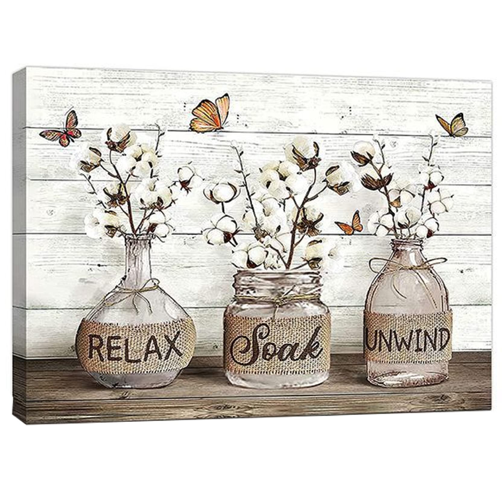 Vistnale Wall Art|Bathroom Decor Kapok In Mason Jar Theme Canvas Wall Art Picture Relax Soak Unwind Sign Flower Canvas Picture Artwork Decor 12X16 Inch
