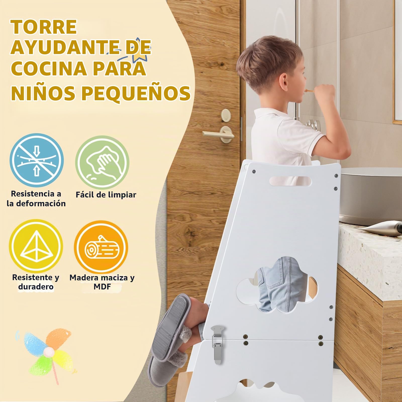 KIDINIX Torre de aprendizaje 3 en 1 Montessori Learning Tower con barandilla de seguridad y pizarra, silla de aprendizaje plegable para niños con función de mesa para cocina, baño (natural y blanco)