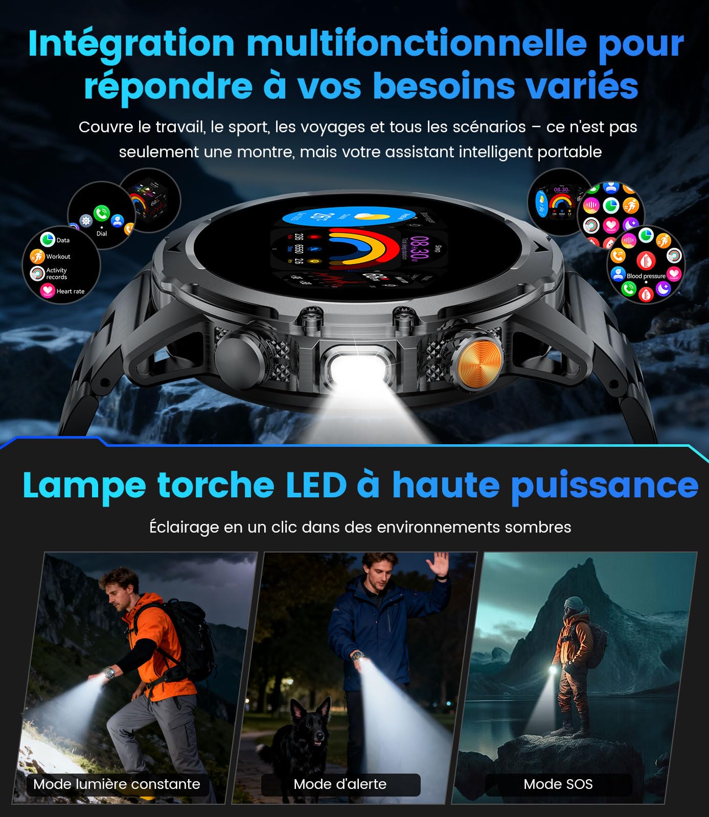 Montre Connectée Homme,1000mAh Batterie/1.53''HD Écran/LED Lampe/Appel Bluetooth Smartwatch Homme,Moniteur de Fréquence Cardiaque et Sommeil/120+ Modes Sportifs IP68 pour Android iOS