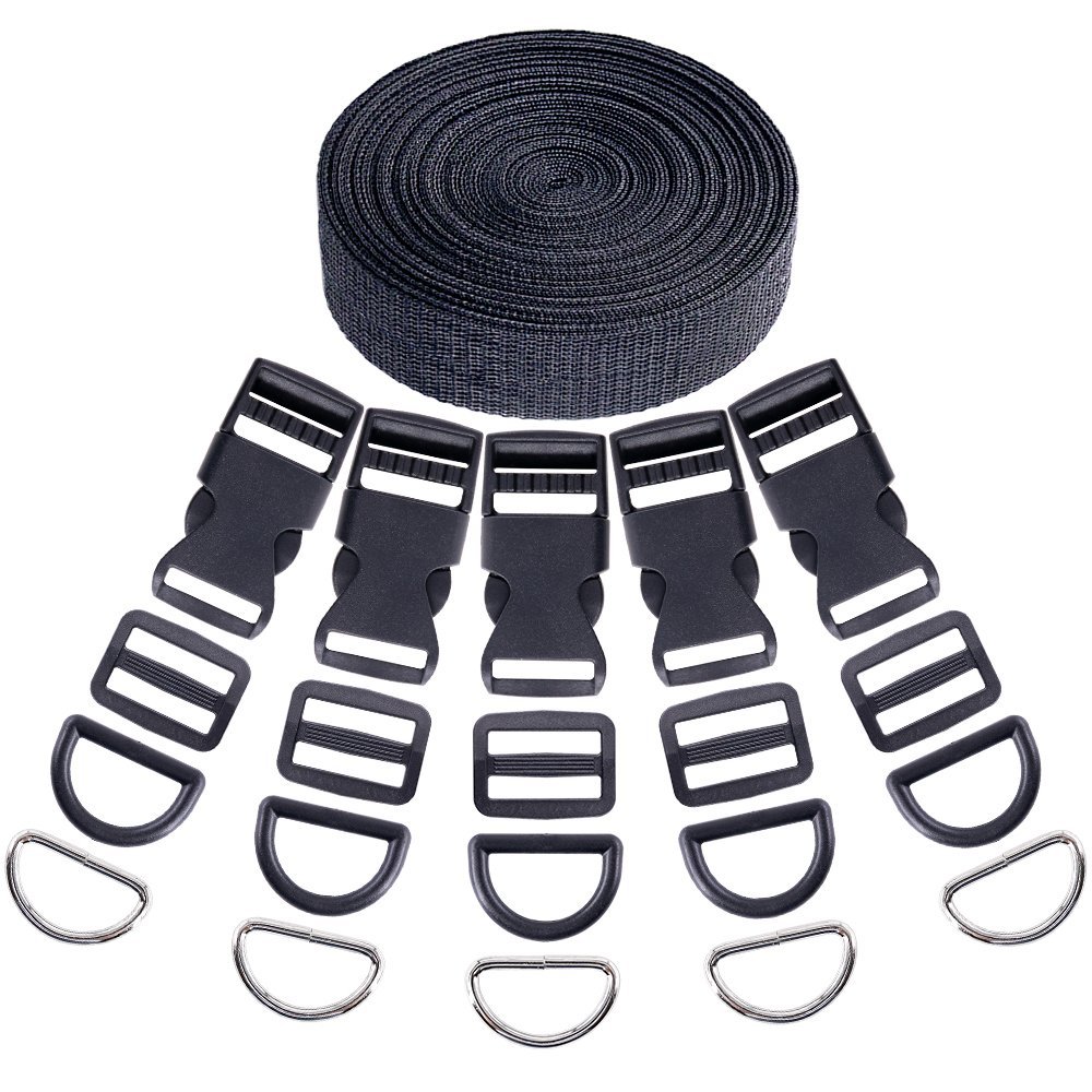 Swpeet 41Pcs 1 Inch DIY Making Bag Kit, Including Flat Side Release Buckles and Tri-glide Slides and D Rings with 1 Roll 5 Yards Nylon Webbing Straps