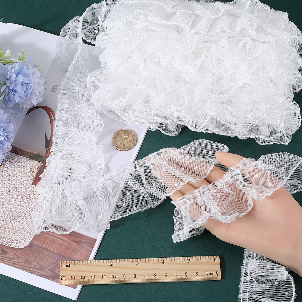 GORGECRAFT 10M Ruffled Lace Trim 6cm Wide Pleated Embroidered Organza Lace Edge Ribbon Fabric Polka Dot Wedding Bridal Dress Appliques Edging Trimmings for DIY Sewing Clothes Curtains Decor White - Image 3