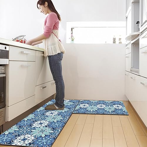 Miniatura 2 de comfoyar Juego de 2 tapetes de cocina, bohemios, antideslizantes, impermeables, juego de alfombras de cocina y corredores acolchados, tapetes