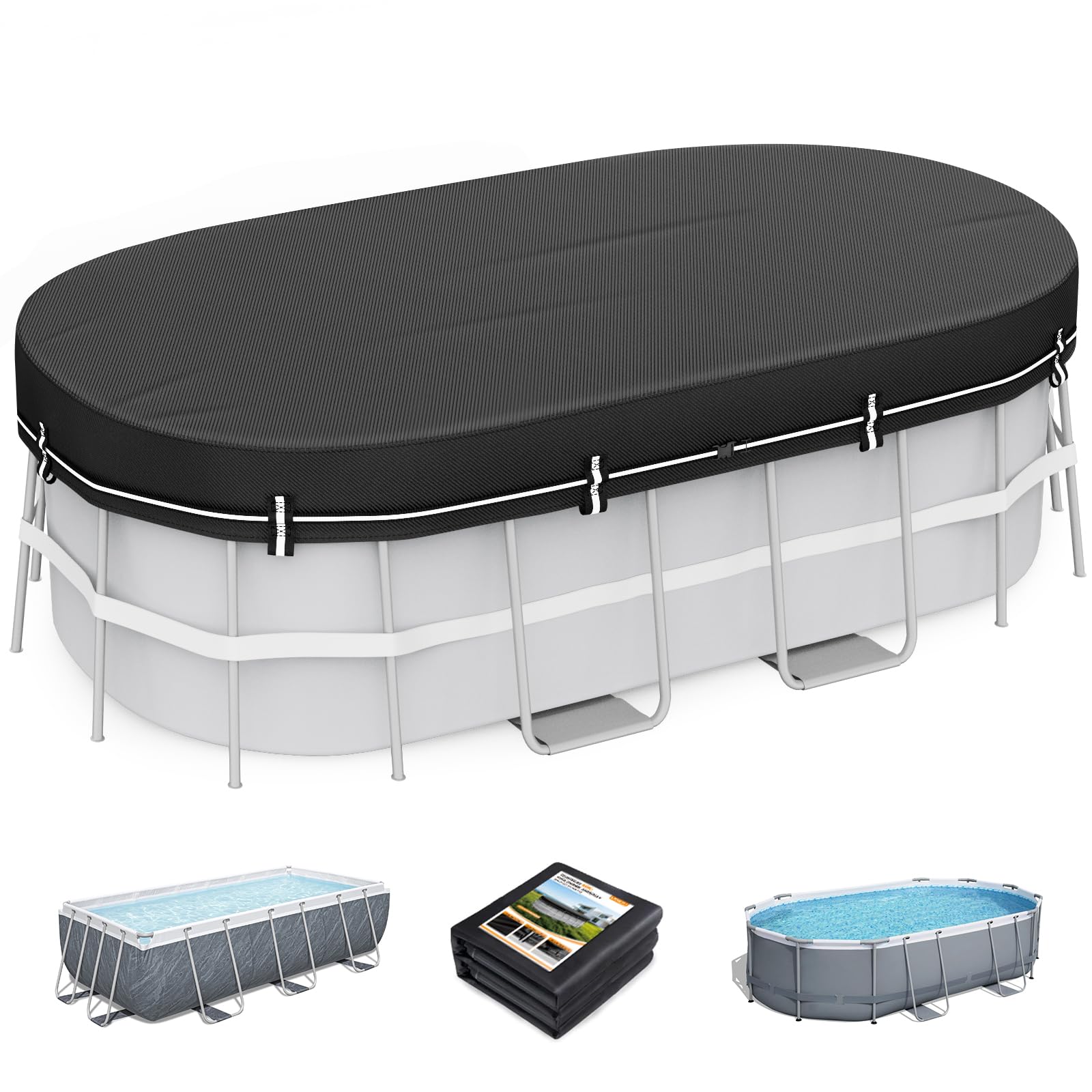 LXKCKJ 12X24 FT Pool Covers for Above Ground Pools, Solar Oval Pool Cover with Accessories Set, Integrated Design Rectangular Pool Cover Ideal for Waterproof, Dustproof, Windproof