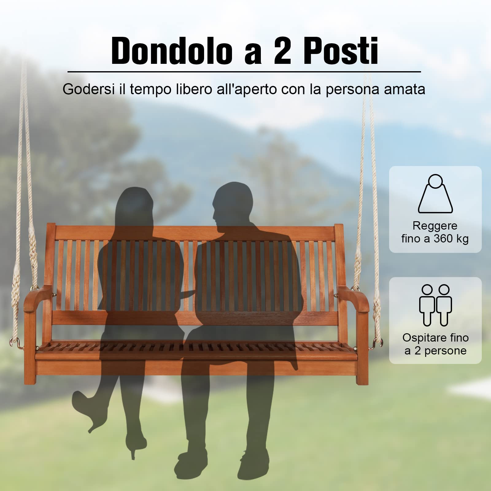 GYMAX Panchina Dondolo Sospeso da Giardino a 2 Posti, Portata di 360 kg, Panca da Appendere in Legno, Seduta Spaziosa, con Schienale e Braccioli, Stile Vintage