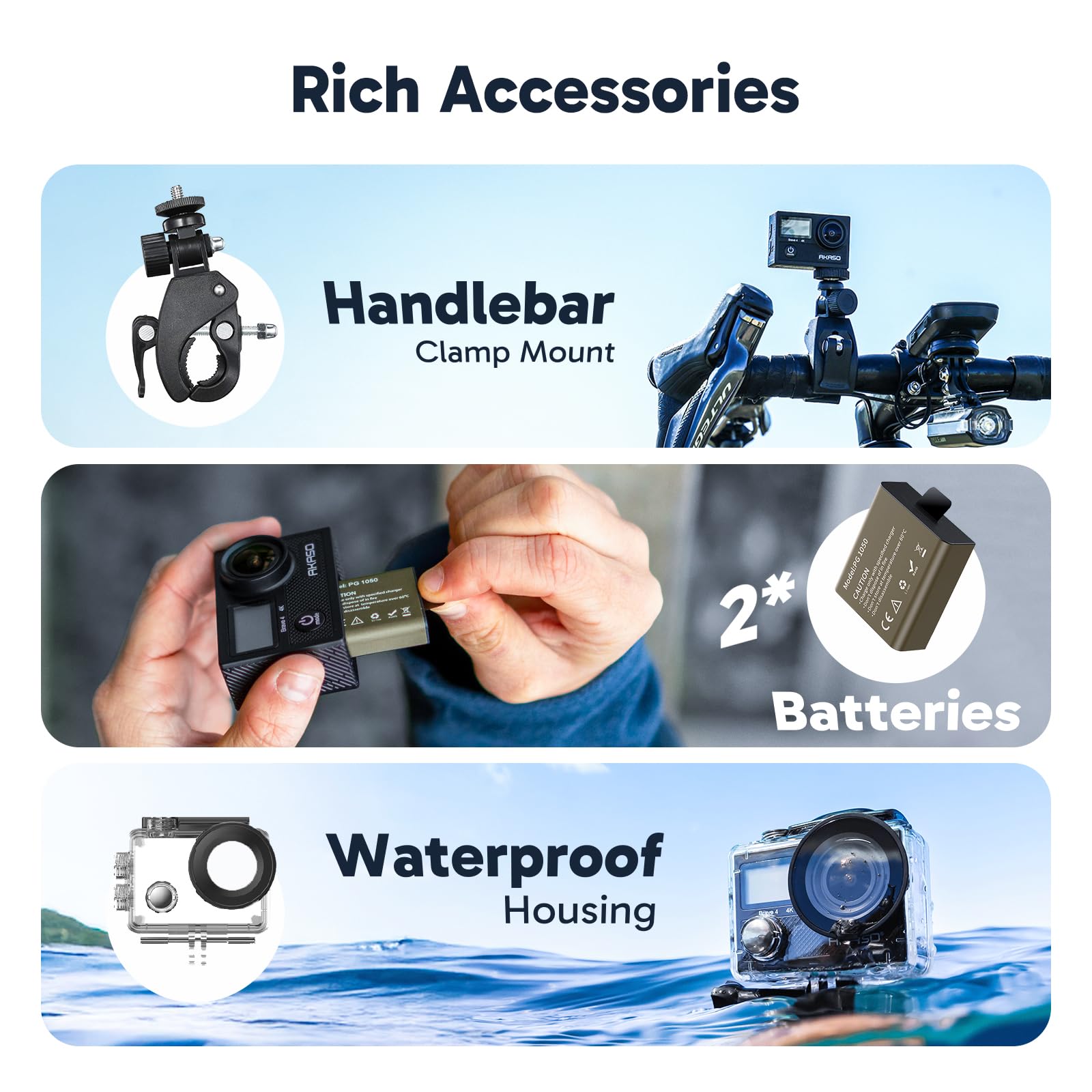 AKASO Sport Caméra Sportive 4K 60fps 20MP WiFi Etanche EIS Angle Vision Réglable Zoom 8 Fois 2 Batteries