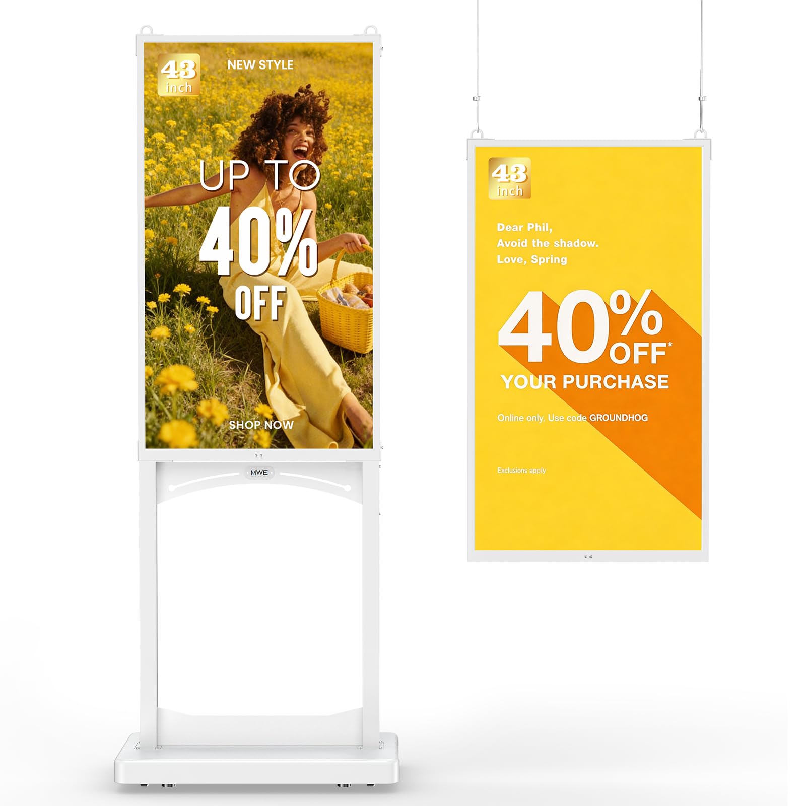 MWE Digitaler Kundenstopper mit Rollen,1000nit Digitale Werbetafel, Digital Signage Display für Fensterwerbung, Stand Up LCD Werbescreen für Werbedisplay, Mieten & Verkauf (43 Zoll)