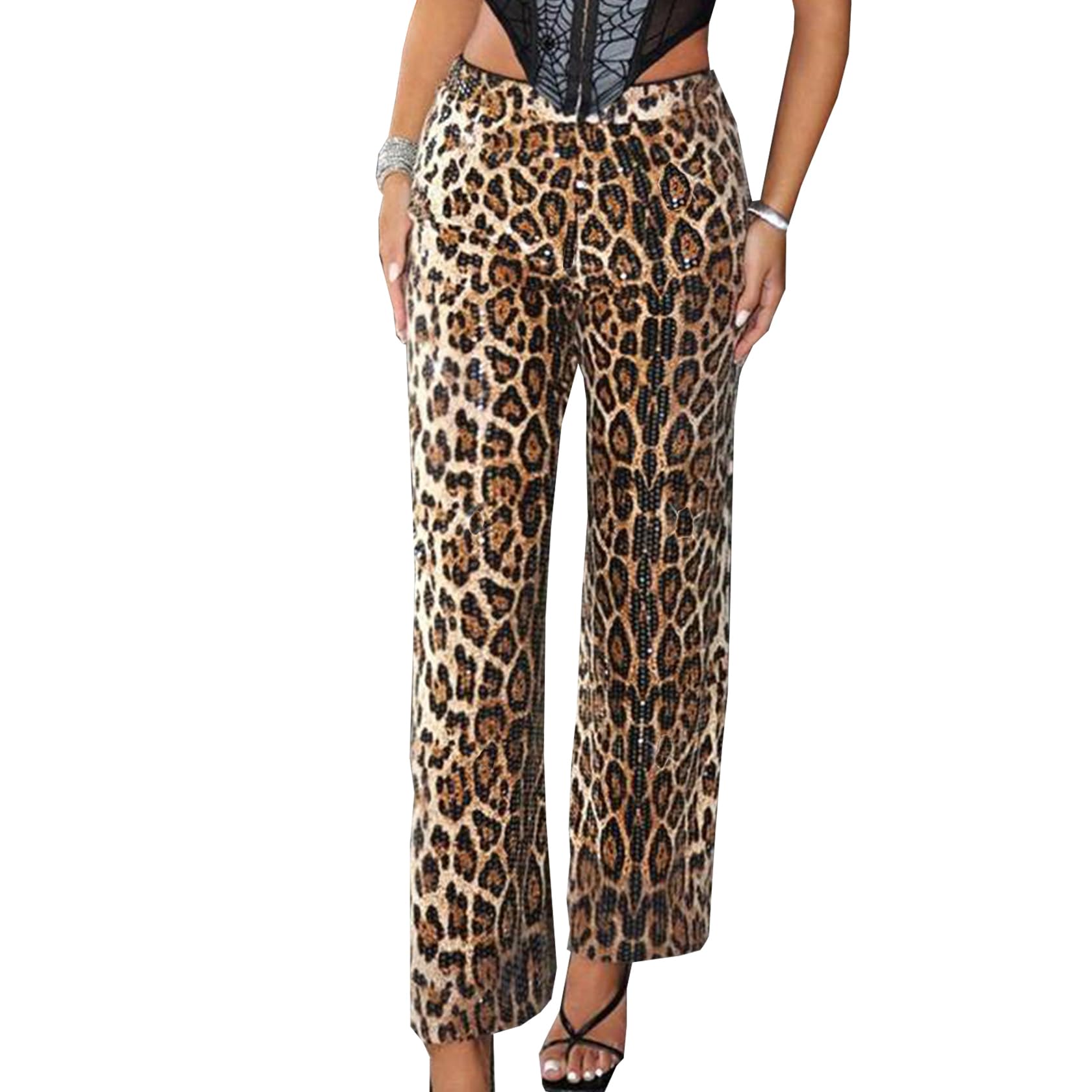 Women Long Straight Pants Casual Elastic Waist Sequins Cute Womens Trouser Comfy Bottoms