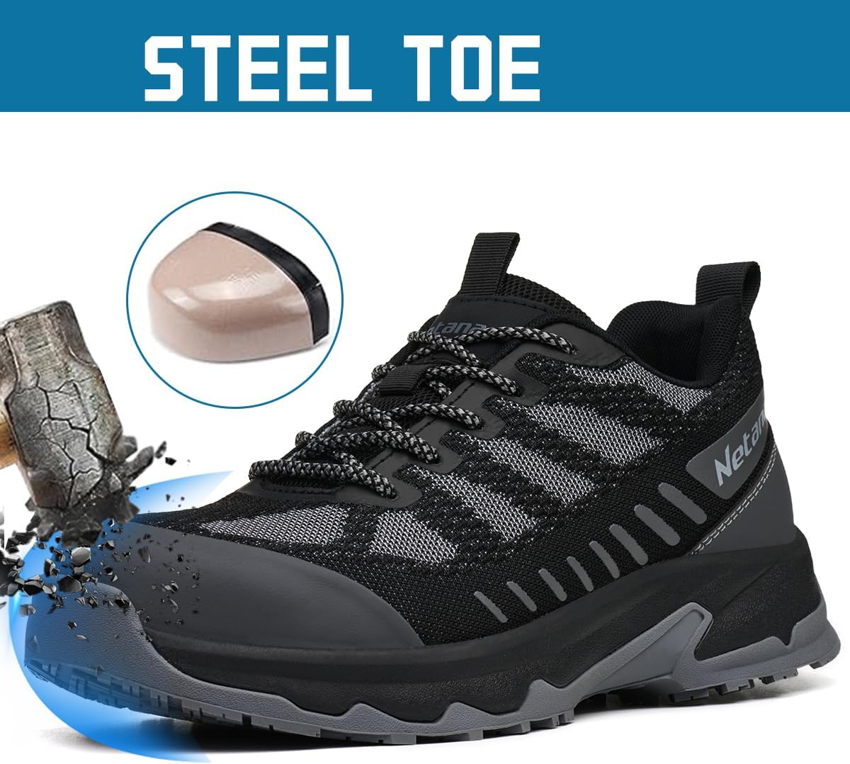 Men's Steel Toe Work Shoes, Puncture-Resistant Safety Sneakers, Lightweight Wide Fit & Comfortable Breathable Mesh, Durable Rubber Grip Sole - Image 3