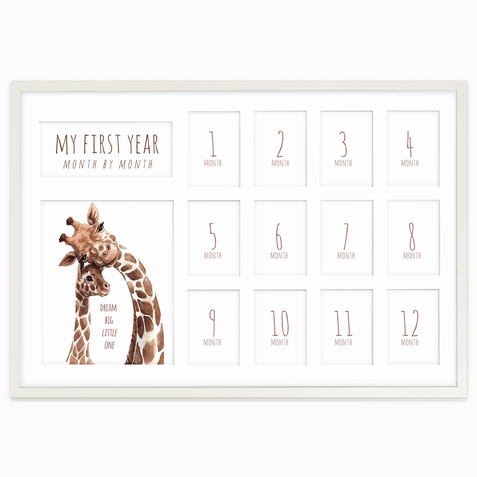Bilderrahmen Das Erste Jahr, Monat für Monat Fotocollage, 40x60 cm, Rechteckig, Modern Rustikaler Stil, Giraffen-Design, Kinderzimmer Deko mit Passepartout Weiß