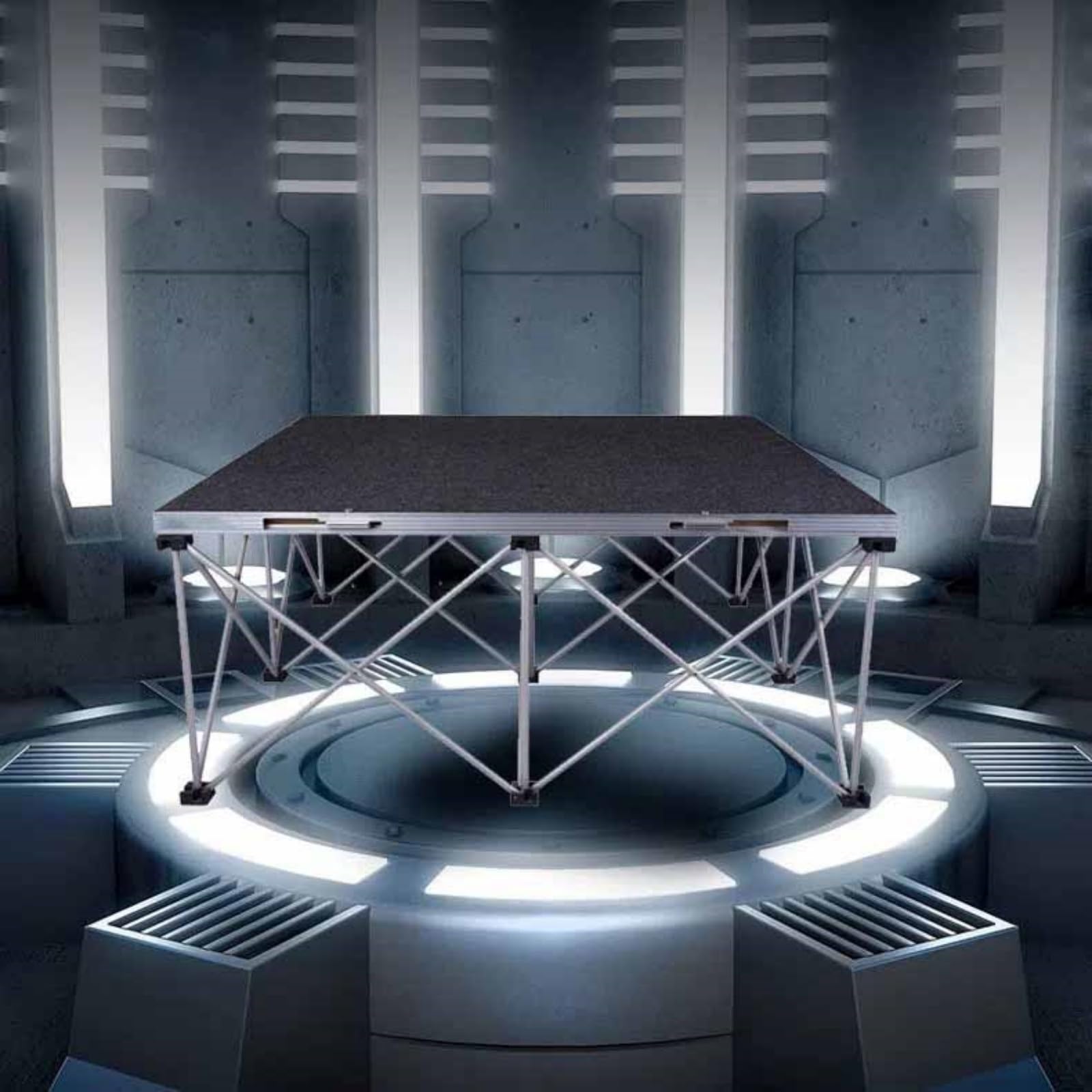Plataforma modular portátil de 1,2 m x 1,2 m, de aluminio ligero y plegable, ideal para escenarios de entretenimiento compactos y bodas.