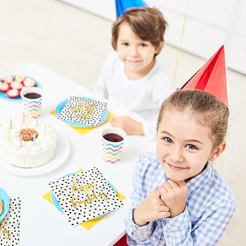 Miniatura 6 de AnyDesign - Paquete de 80 servilletas de papel de feliz cumpleaños, papel de aluminio dorado, manchas negras, servilletas cuadradas desechables para