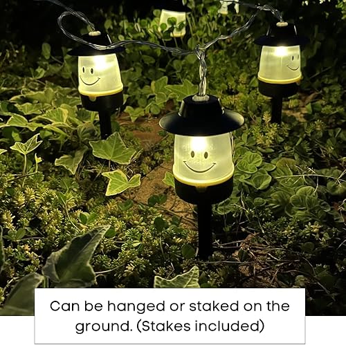 Miniatura 4 de SPICE OF LIFE Guirnalda de luces sonrientes  amarillo  10 caras sonrientes LED, 8 pies, funciona con pilas, impermeable, dos modos de luz, estacas
