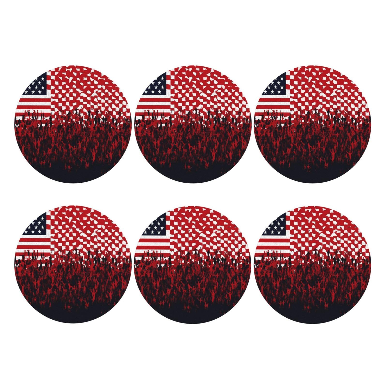 6pcs Leather Coasters for Drinks, Flag and Crowd Drink Coasters for Tabletop Protection, 4" Cup Coasters for Coffee Table Decor, Non-Slip Drinking Cup Mat for Hot Or Cold Drink