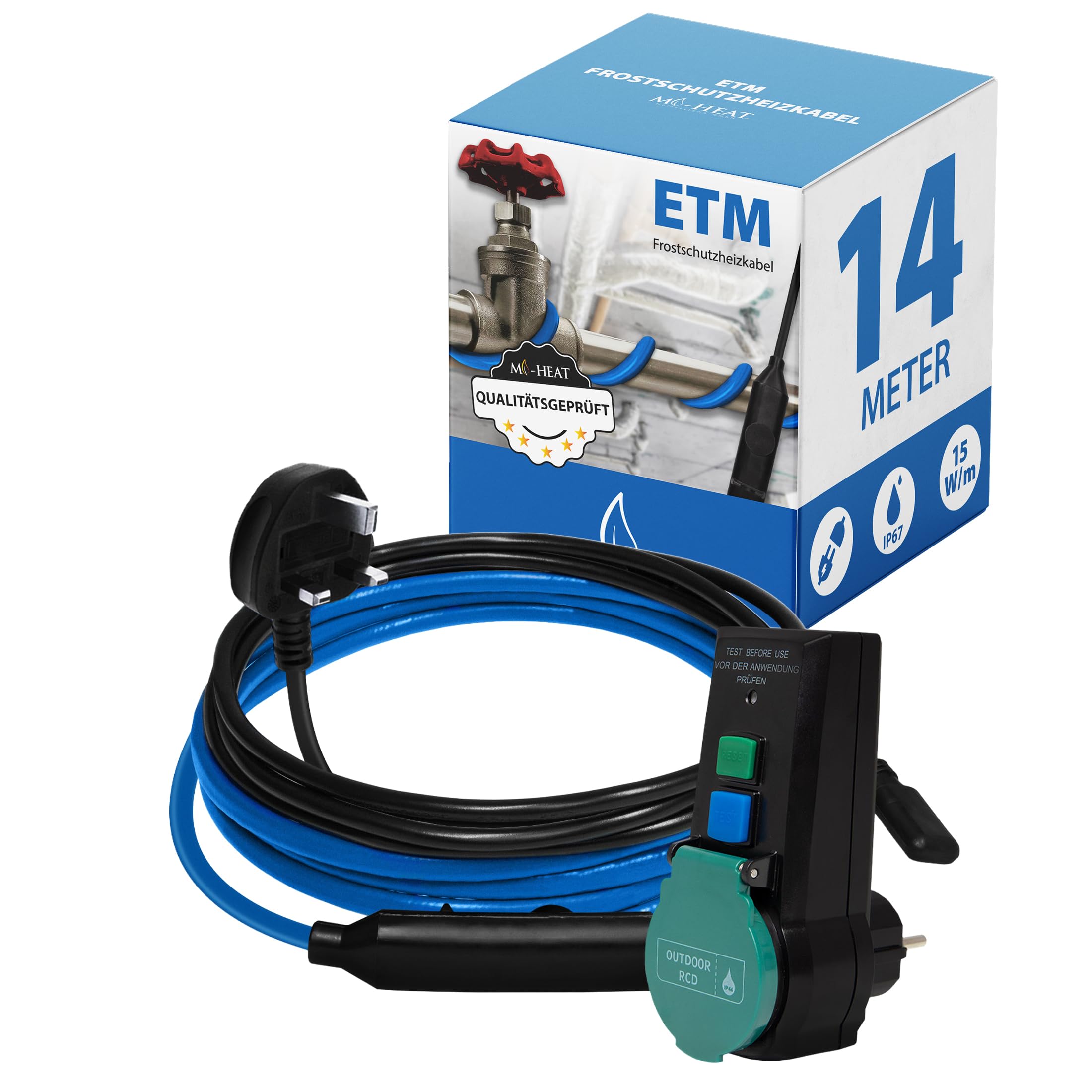 Mi-Heat 14m ETM Heat Trace Cable Kit Self-Regulating – RCD Circuit Breaker - Trace Wire Heating System for Frost Protection – Pipe Trace Heating for Outdoor Plumbing & Drains (230V) — image 1