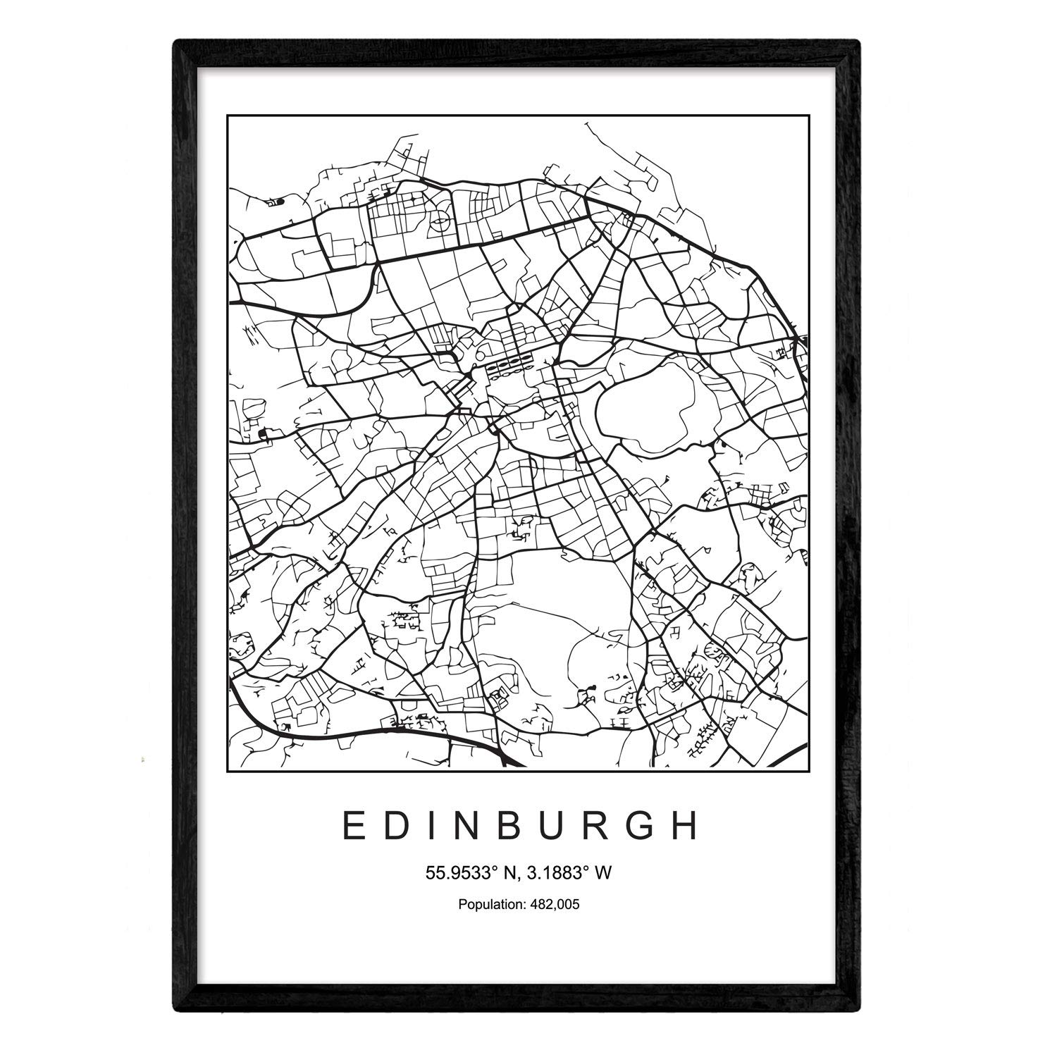 Nacnic Map of the city Edinburgh Nordic style in black and white. Poster A4 Framed with black frame Printed paper 250 gr. Pictures, sheets and posters for Salon and Bedroom