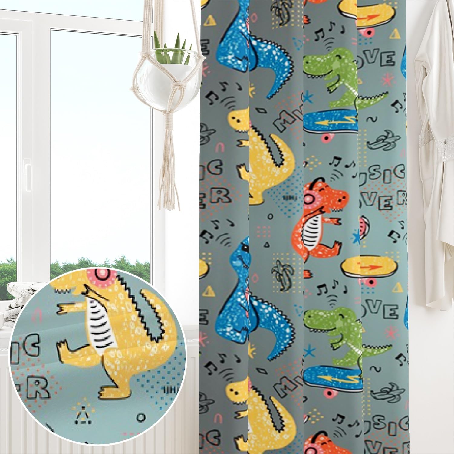 ggaimwf 42"x 63" Cartoon Dinosaur Eyelet Curtain for Kids Bedroom Cute Dino Skateboard Thermal Grommet Room Dividers Blackout Window Drapes for Nursery Boys Girls Playroom Living Room,2 Panels - Image 4