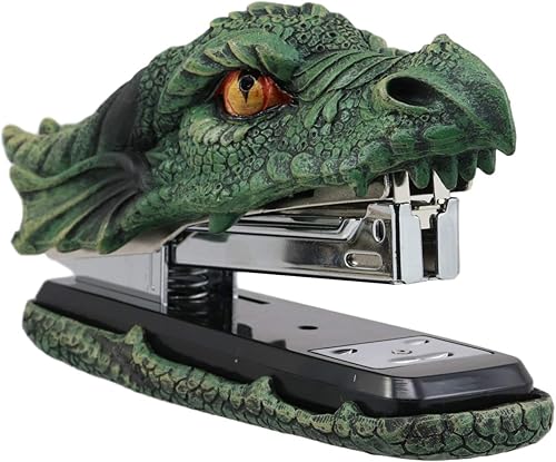 Ebros Gift Legendaria grapadora de cabeza de dragón de fuego de tierra verde, accesorio de escritorio de oficina, decoración del hogar, papelería