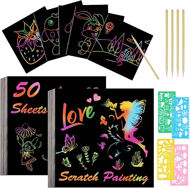 Vicloon Rainbow Scratch Art, 50Pcs Black Magic Scratch Art Notes Painting Boards Arts and Crafts for Kids with 4 Stencils 5 Wooden Stylus Birthday Gifts DIY Party Gift(8.5*8.5CM)