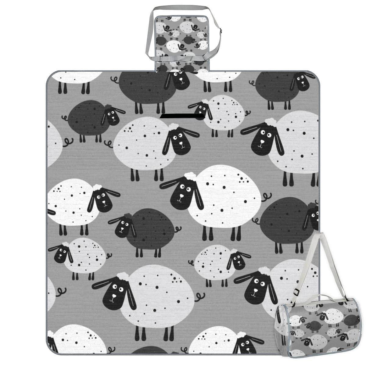 Picnic Blankets 57”x 59”, Black White Sheep Print Waterproof Sandproof Picnic Mat Lightweight Foldable Beach Blanket for Camping Park Grass Beach Outdoor Blanket