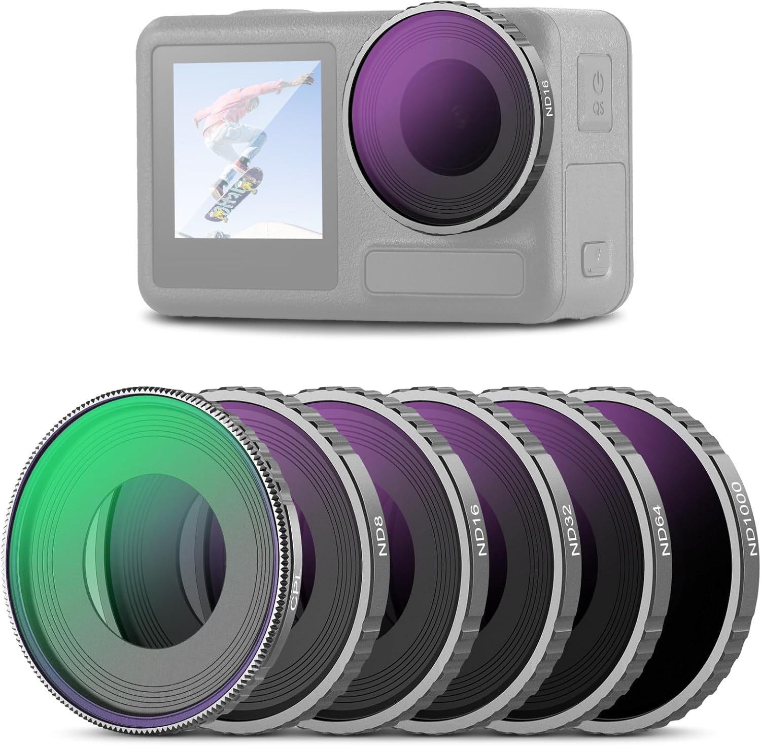 Neewer Zestaw filtrów CPL i ND do Action 5 Pro (6 sztuk), CPL+ND8+ND16+ND32+ND64+ND1000, akcesoria do kamer sportowych, wielowarstwowe szkło optyczne HD, kompatybilne z DJI Osmo Action 5 Pro/4, FL-A13