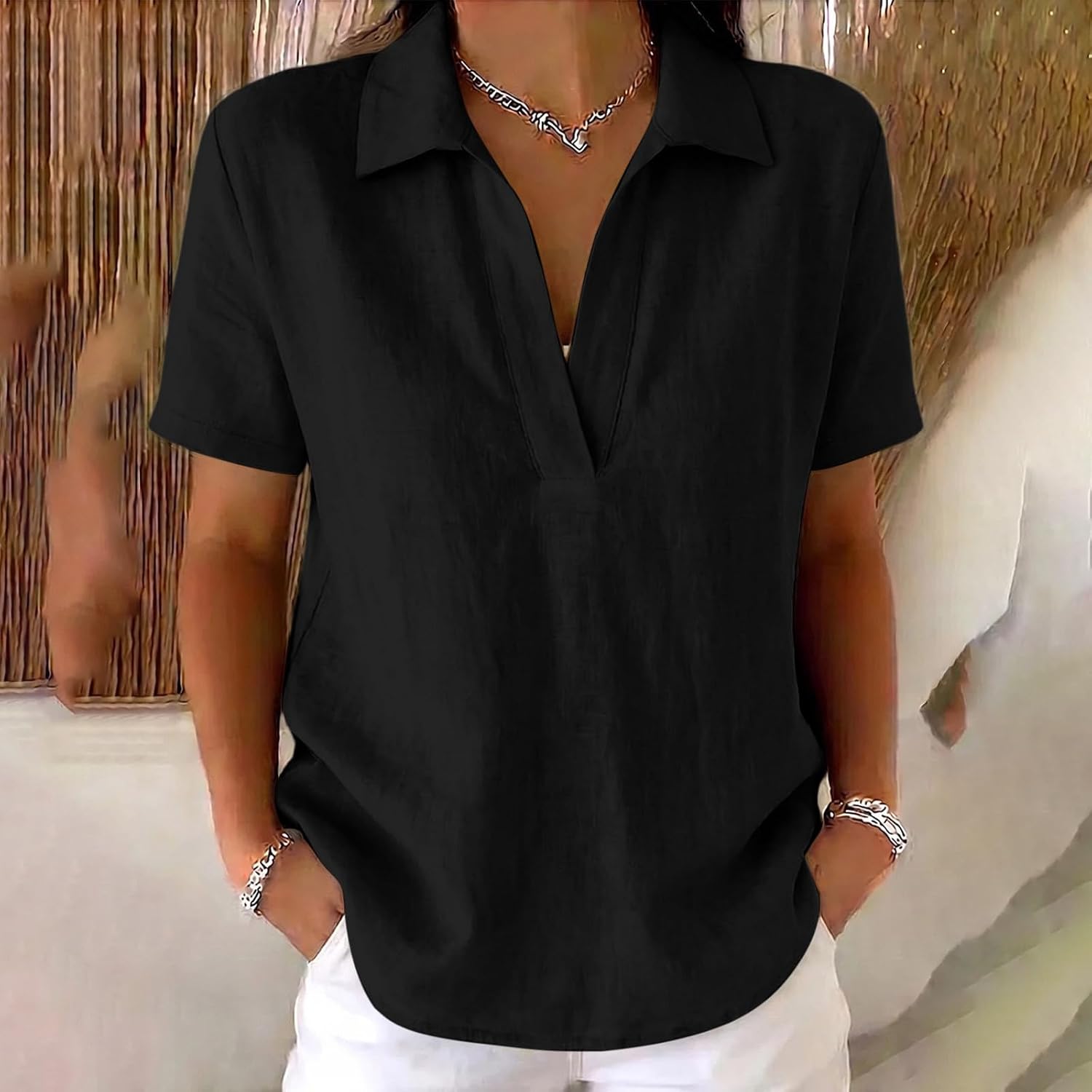 Women's Summer Work Blouse V Neck Short Sleeve Lapel Collar Loose Fit Shirt Casual Solid Color Spring Top Tunic