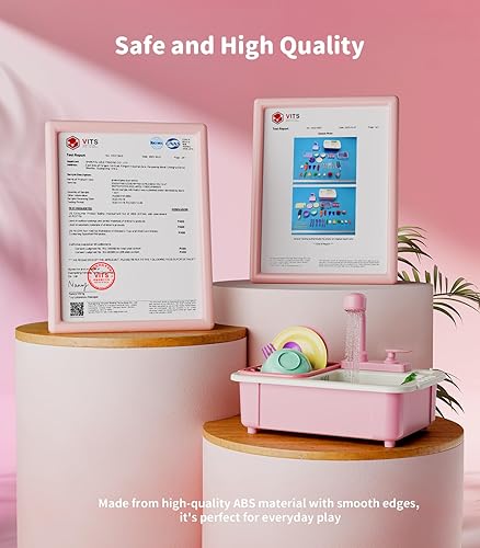 Miniatura 6 de Geyiie Fregadero de juego con agua corriente, fregadero de cocina para niños pequeños con grifo real, cortar alimentos, platos de juego y estante