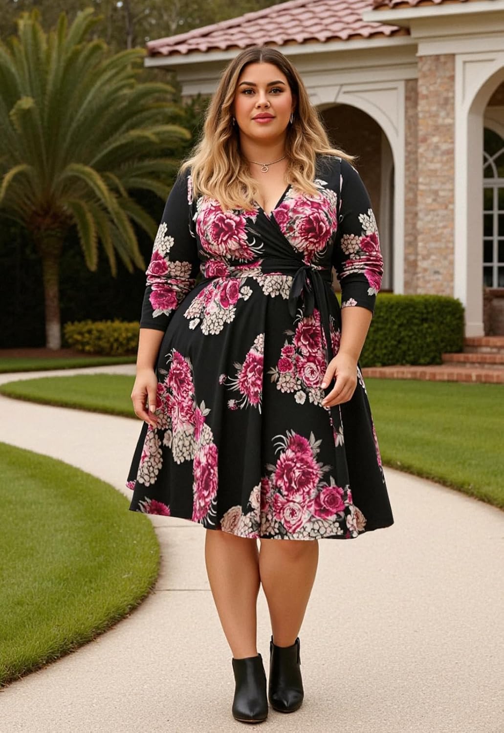 Nemidor Plus Size Dresses for Curvy Women Casual Fall V Neck 3/4 Sleeve Midi Cocktail Vintage Dress with Pocket