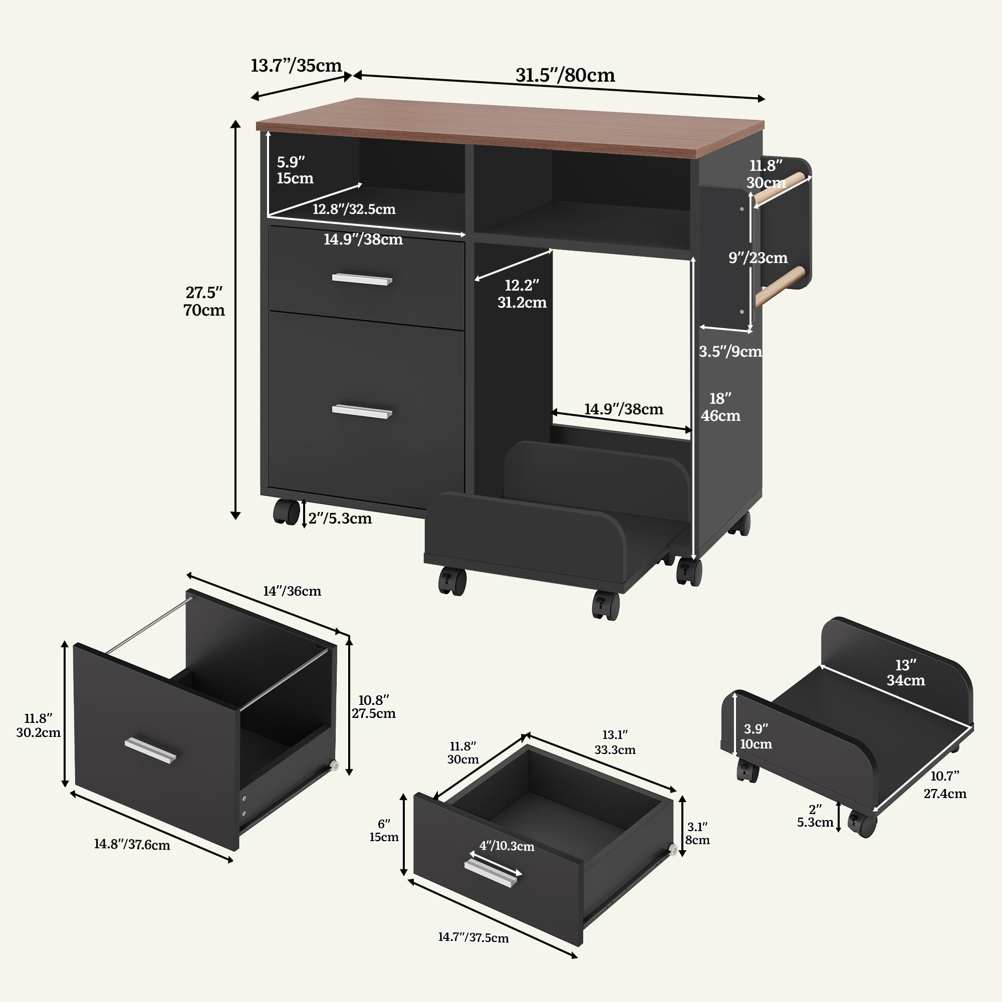 YITAHOME Mobile schedario con base rimovibile e asta per appenderlo, organizer con 10 ruote, armadietto per casa e ufficio, nero
