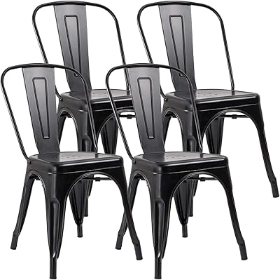 JUMMICO Metal Dining Chair Stackable Indoor Outdoor Industrial Vintage Chairs Bistro Kitchen Cafe Side Chairs with Back Set of 4 (Black)