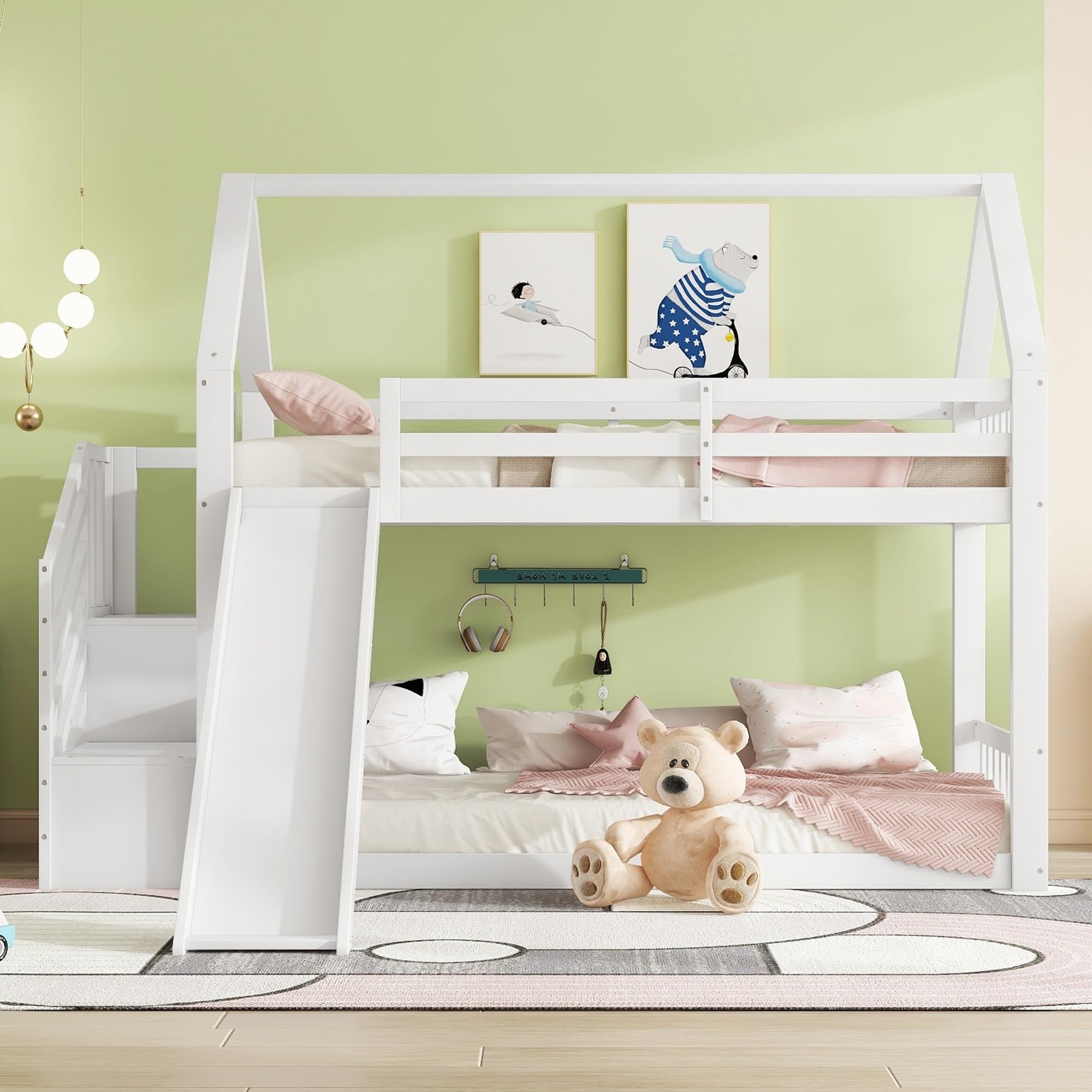 Letti a castello per bambini con cassetti, vano portaoggetti, sponde alte, bianco, 140 x 200 cm