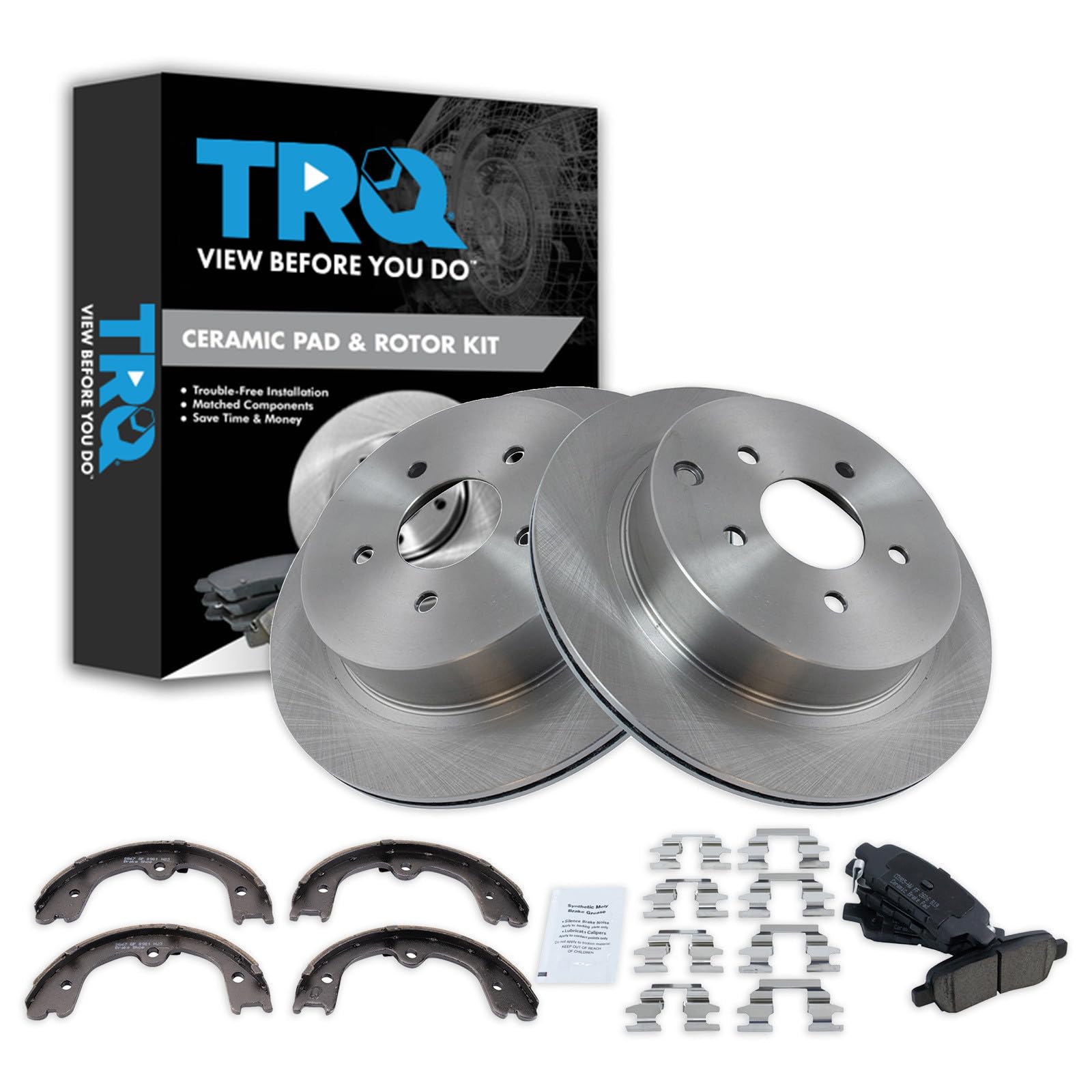 TRQ Rear Brake Pad and Rotor Set Ceramic Parking Shoe Compatible with 2006-2008 Infiniti FX35 FX45 2018 Infiniti Q50 Q60 2003-2007 Nissan Murano 2004-2007 Quest