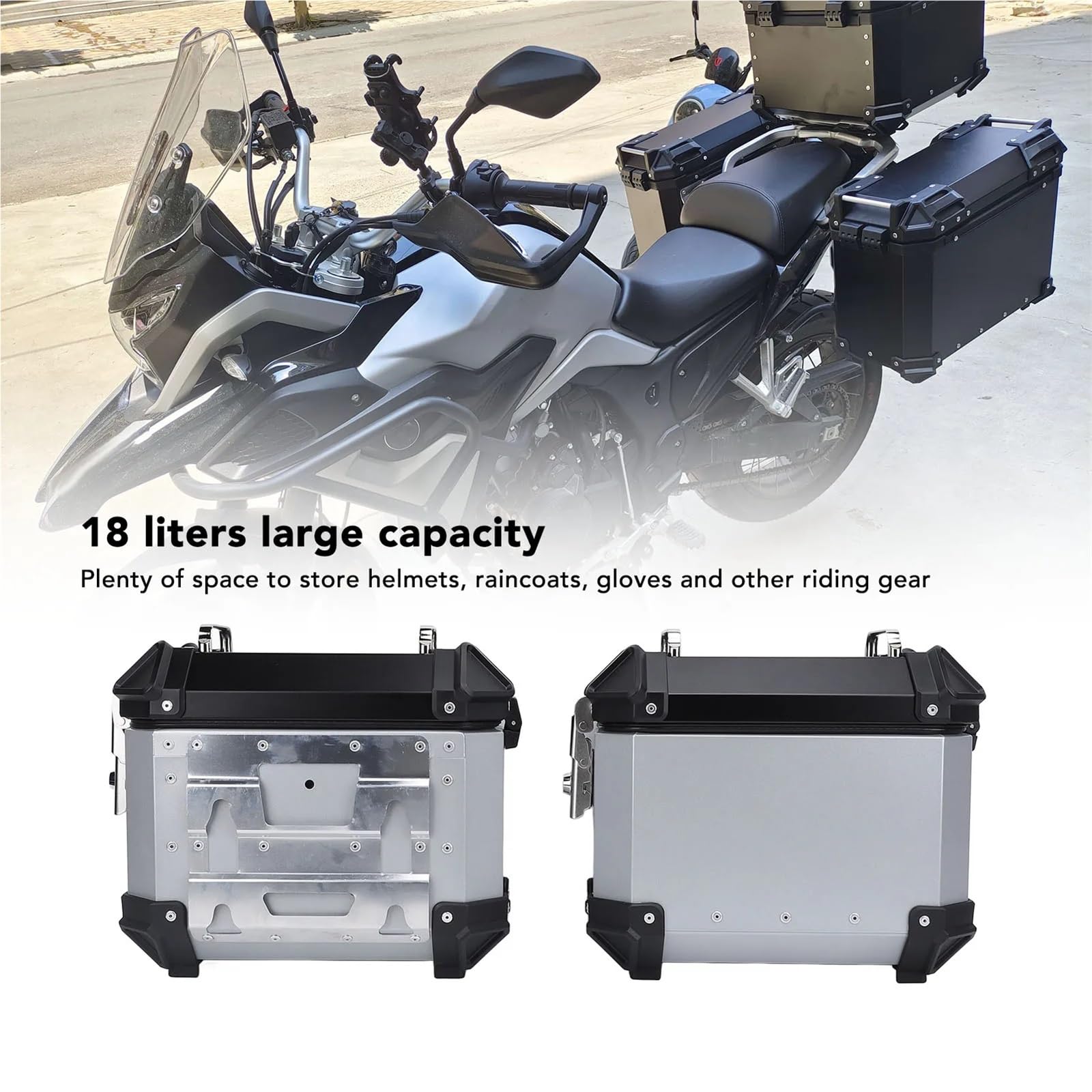 1 para 18L motocyklowych kufrów bocznych ze stopu aluminium motocyklowych twardych bocznych sakw bocznych z blokadą bezpieczeństwa i uchwytem(Silver)