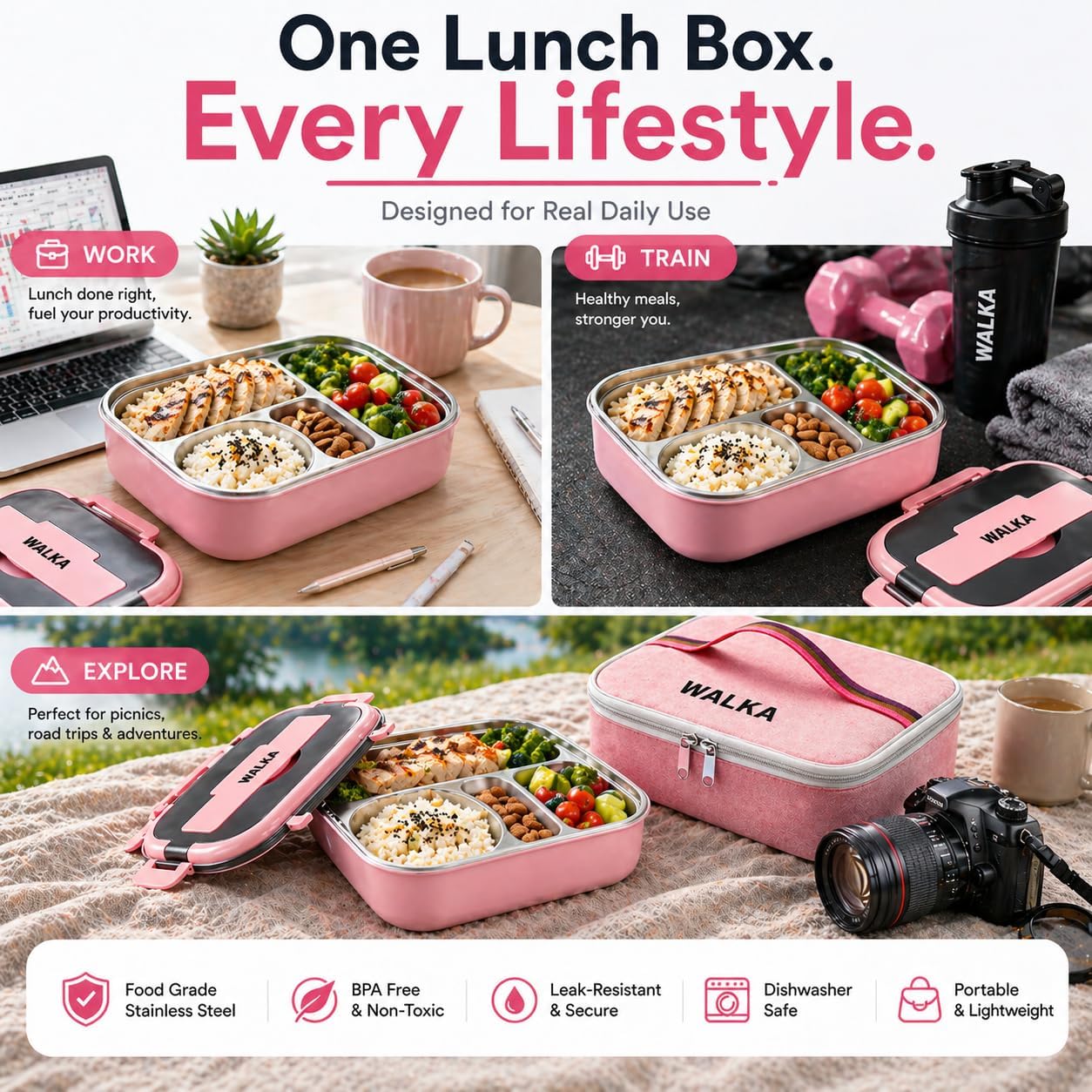 WALKA Large Stainless Steel Bento Lunch Box for Adults, 4 Compartments, Insulated Bag, Utensils & Sauce Cup Included, Ideal for Dry & Semi-Wet Meals, Pink