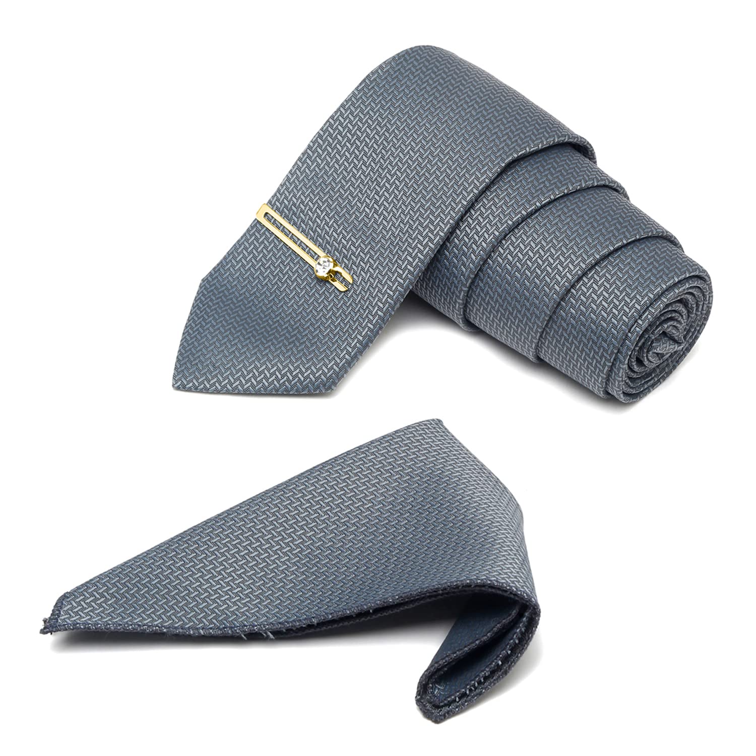 mutaqinoti Mens Grey Woven Premium Silk Necktie Suit Accessories Set With Pocket Square And Golden Tie Pin (TEGPGY02)-picture-26