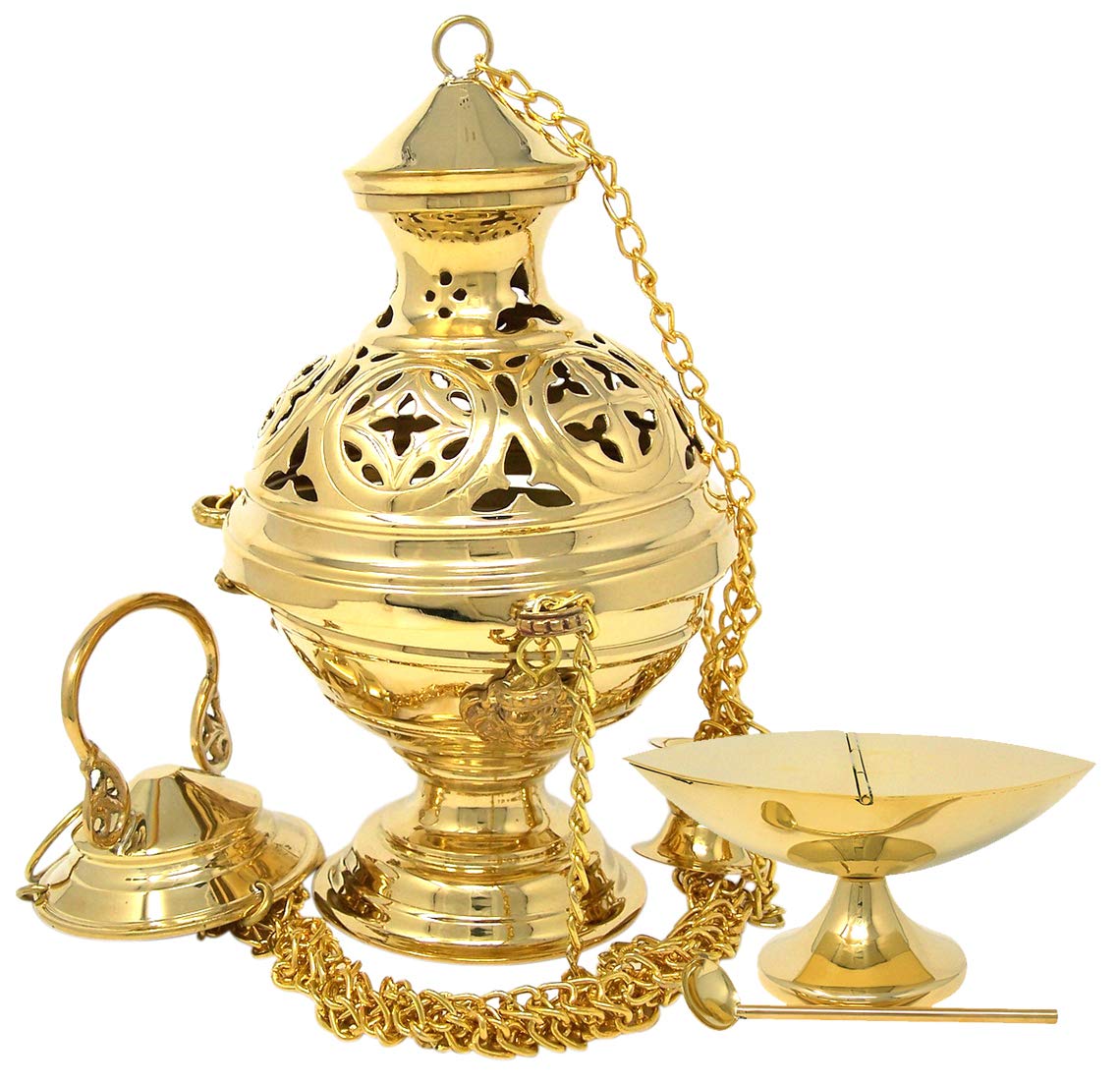 Needzo High Polished Brass Hanging Church Censer Thurible with Matching Boat and Spoon Set