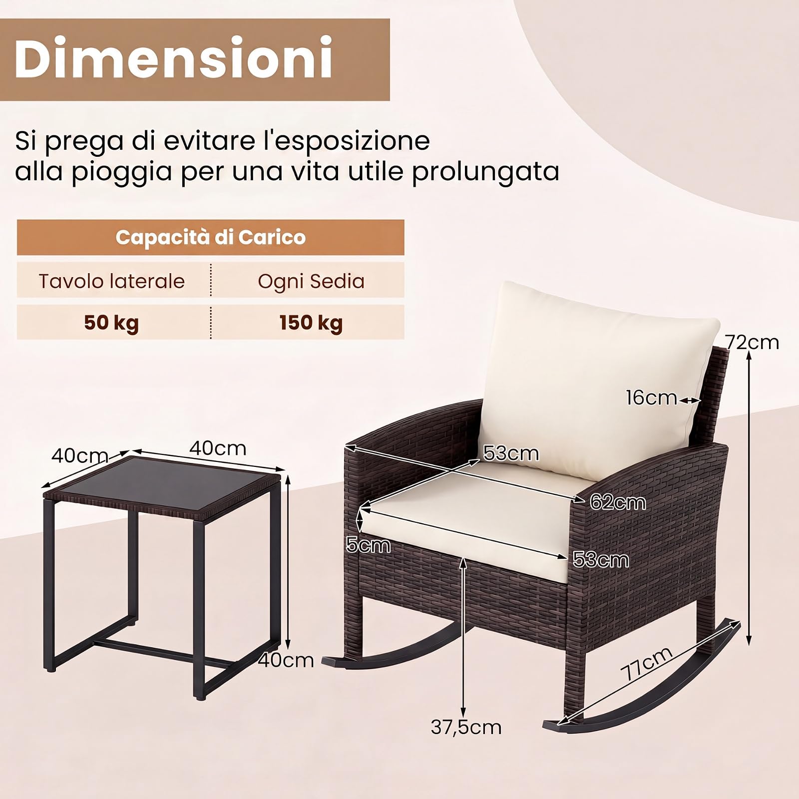 SOARS Salotto da Esterno 3 Pezzi in Rattan, Set Mobili da Giardino con 2 Poltrone a Dondolo, Tavolino da Caffè in Vetro Temperato e Comodi Cuscini con Fodera Lavabile, per Balcone, Cortile (Beige)