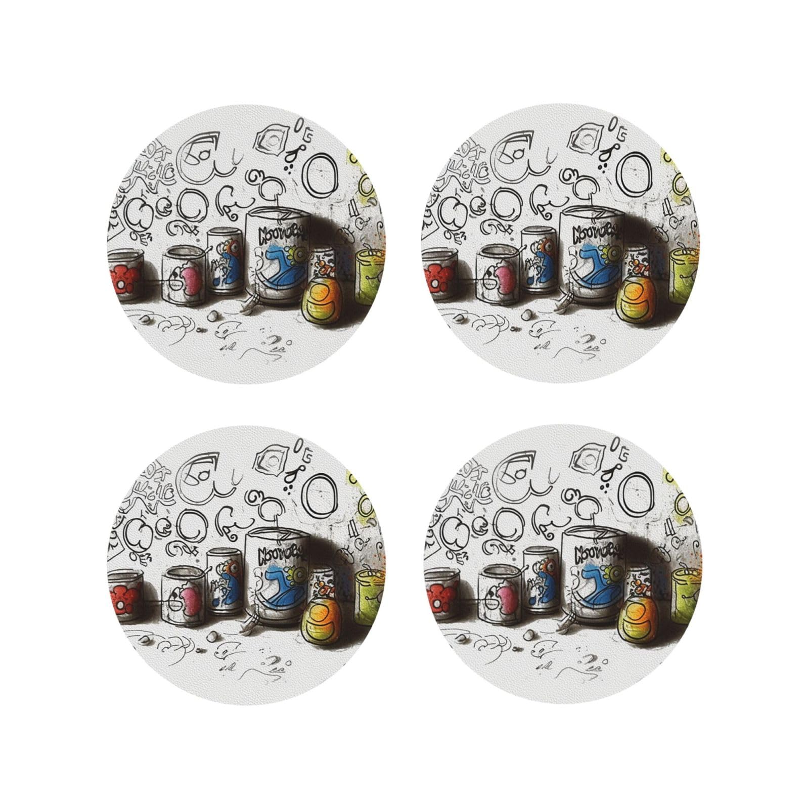 4pcs Drink Coasters for Tabletop Protection, 4" Leather Coasters for Drinks, Graffiti On Various Objects Cup Coasters for Coffee Table Decor, Non-Slip Drinking Cup Mat for Hot Or Cold Drink