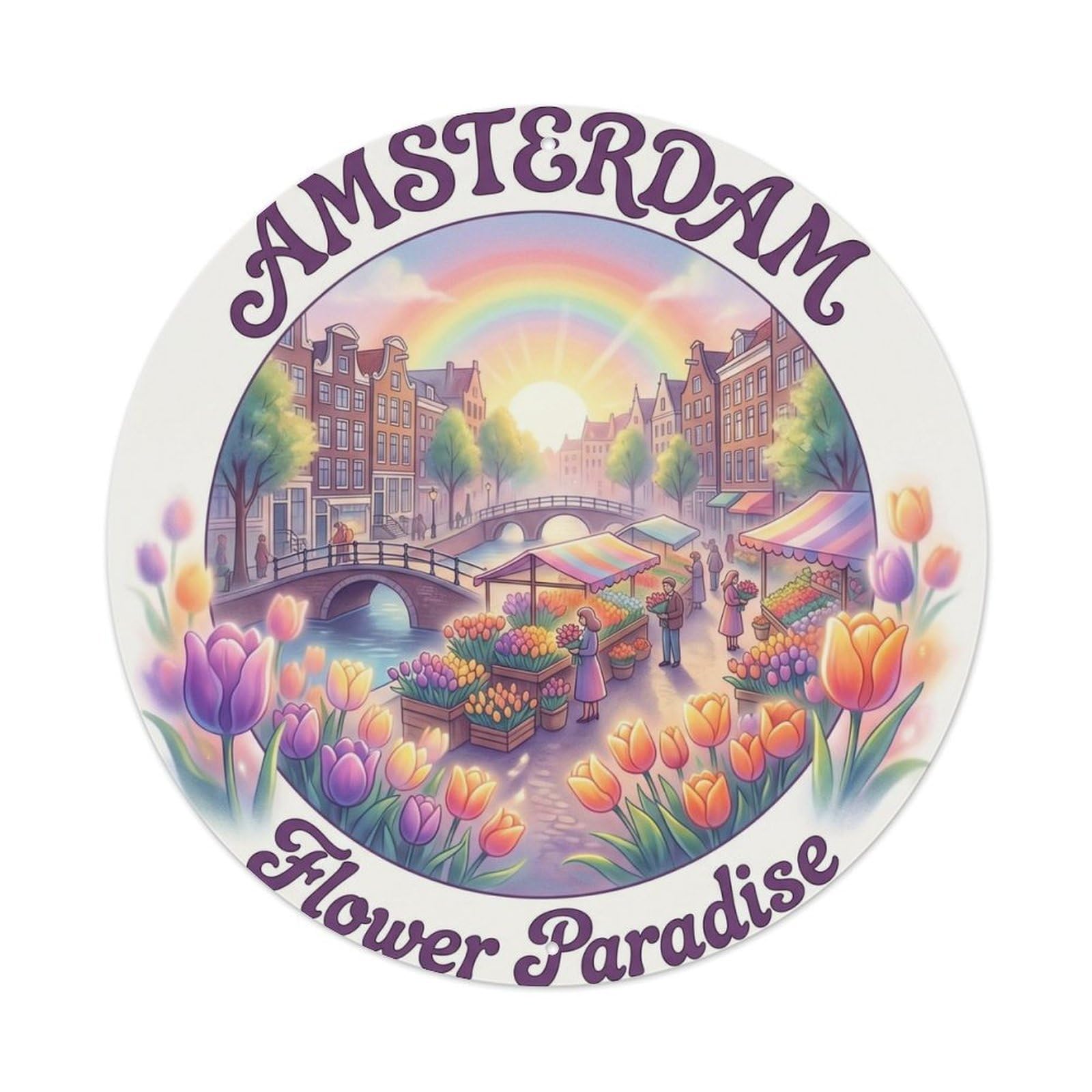 Amsterdam Tulip Market Vintage City Map Floral Heritage Metal Tin Sign Plaque Wall Decor for Cafe, Man Cave, Club Bar, Office, Home Garden Round Metal Poster 8x8Inch