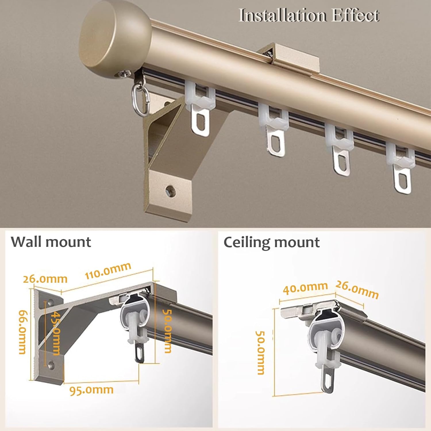 Champagne Silent Curtain Rod 250cm/8.2ft (2 x 125cm) - Ceiling or Wall Mounted - Perfect for Bedroom & Living Room Modern Home Décor